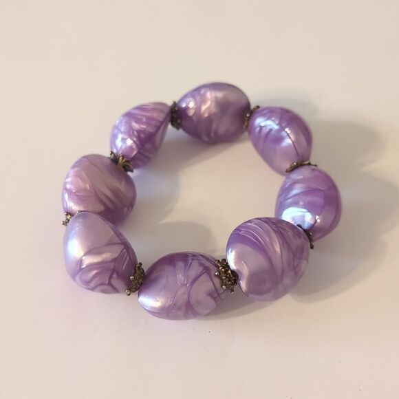655 Chunky Purple White Blended Beaded Stretch Bracelet - Picture 3 of 4